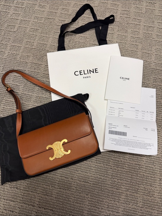 Celine Handbags - Celine Tan Leather Triomphe shoulder bag with Gold Hardware.
